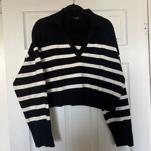Striped Black and White V-Neck Polo Sweater Dynamite